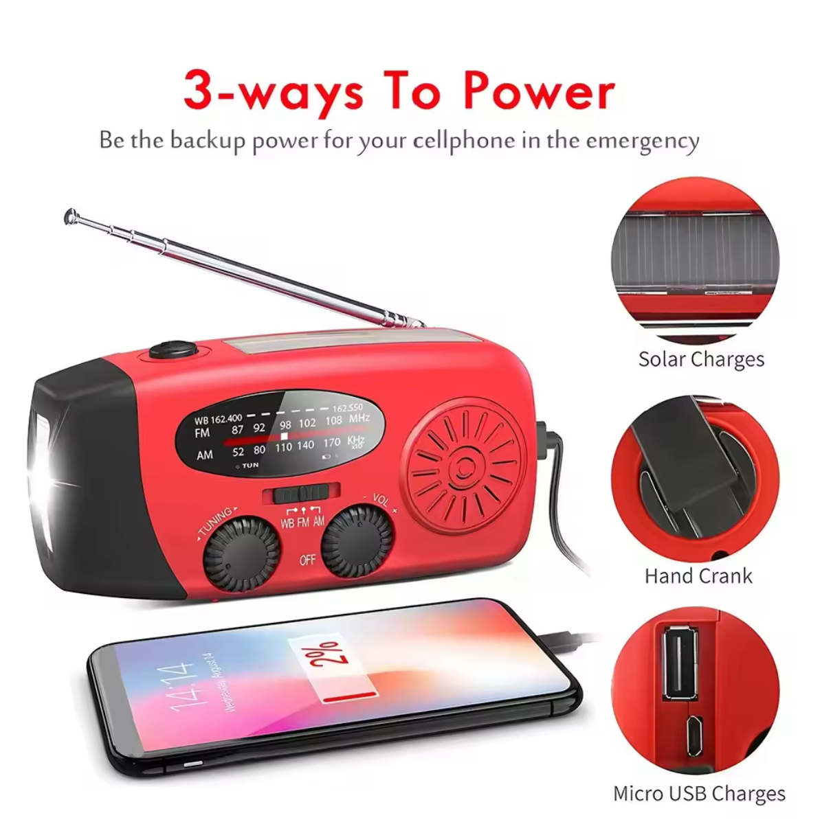 Emergency Crank Radio Rood, Groen of Zwart !
